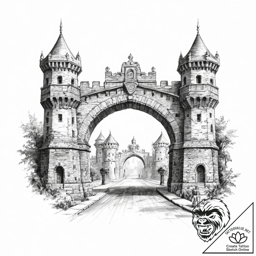 Tattoo sketch a fortified city gate, symboliz... - tattoo sketch (№1754119749_0, 02.08.2025 07:29) — tattoovalue.net