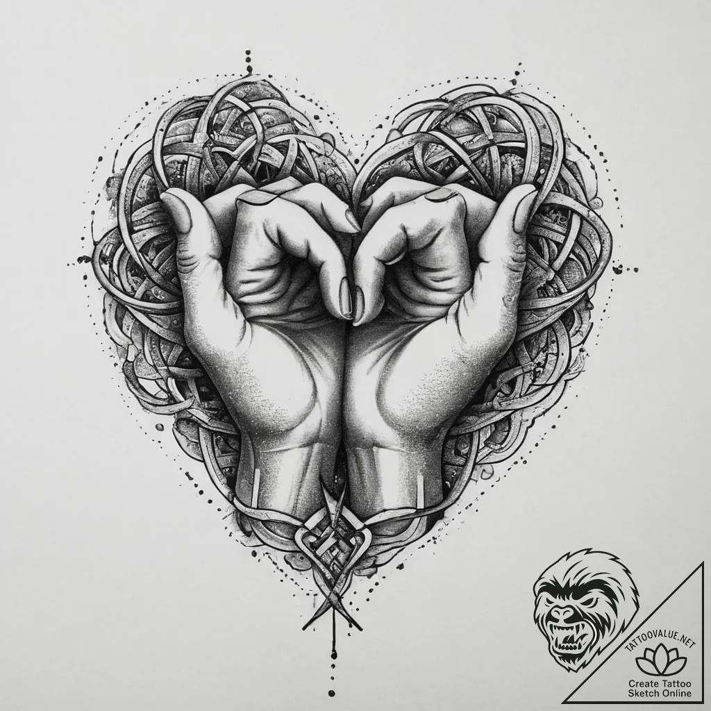 Tattoo design a heart made of intertwined fin... - tattoo sketch (№1754120543_0, 02.08.2025 07:42) — tattoovalue.net