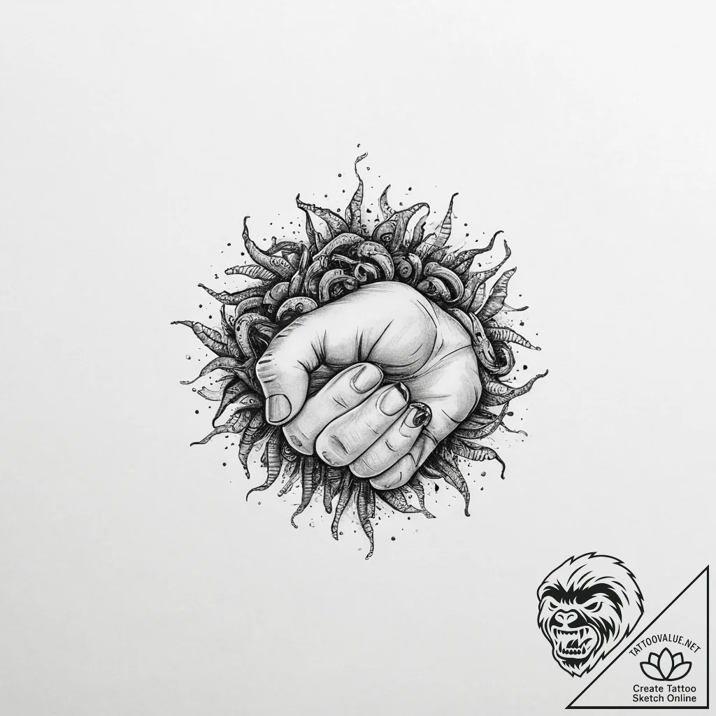 A child's hand holding a fistful of earthworm... - tattoo sketch (№1754121547_0, 02.08.2025 07:59) — tattoovalue.net