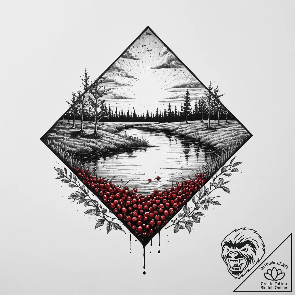 A shot of a cranberry bog during harvest., in... - tattoo sketch (№1754122540_0, 02.08.2025 08:15) — tattoovalue.net
