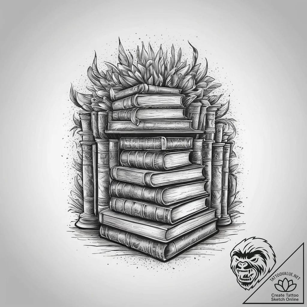 Tattoo design an ancient library filled with... - tattoo sketch (№1754122737_0, 02.08.2025 08:18) — tattoovalue.net