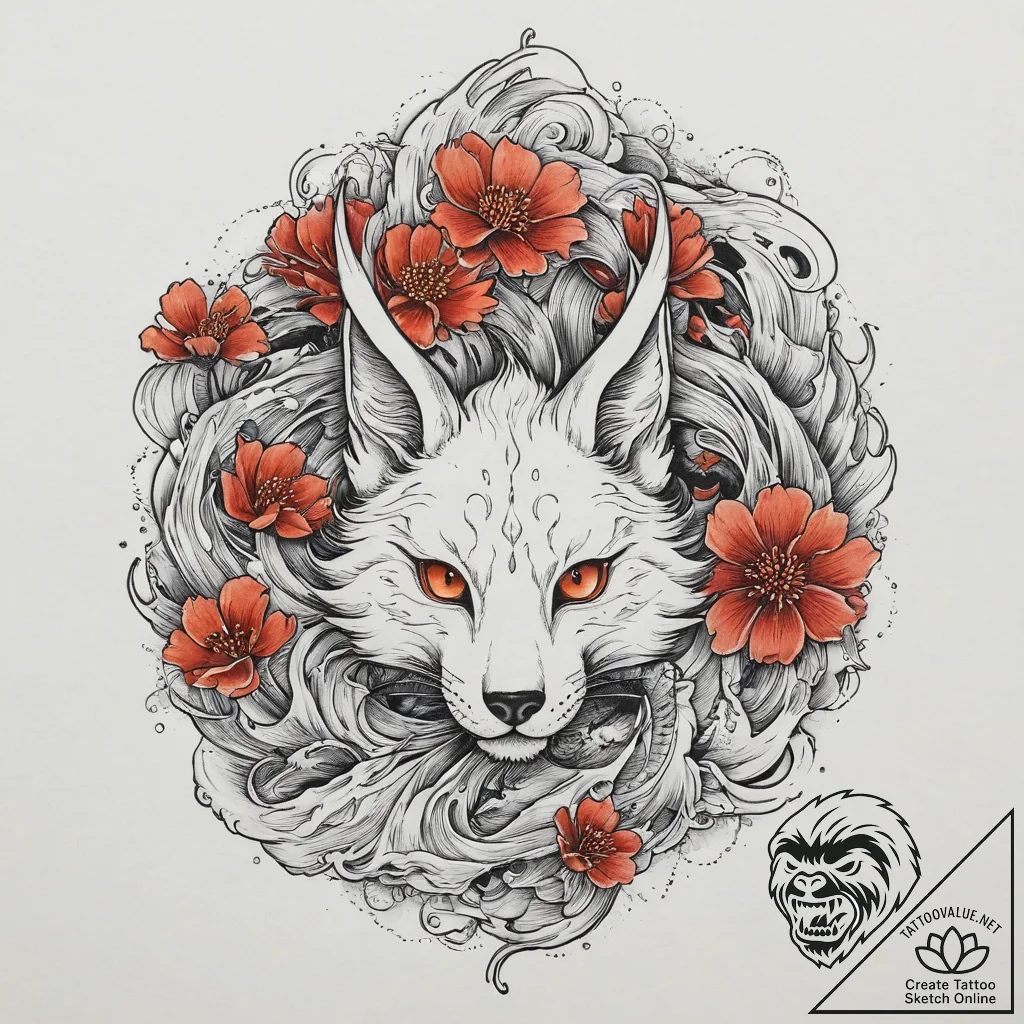 A kitsune with its nine tails, tattoo flash s... - tattoo sketch (№1754123328_0, 02.08.2025 08:28) — tattoovalue.net