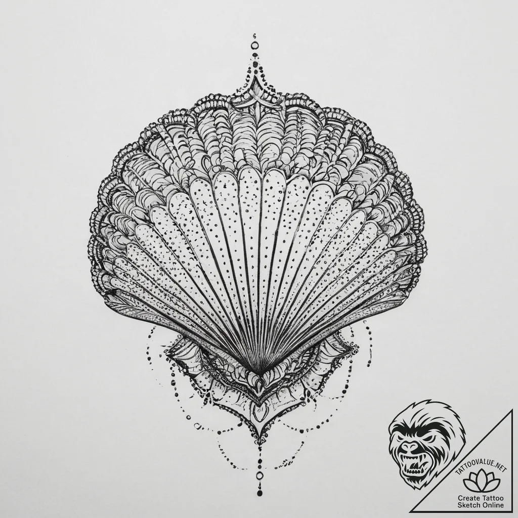 Shell, tattoo line art, dotwork shading, stip... - tattoo sketch (№1754123929_0, 02.08.2025 08:38) — tattoovalue.net