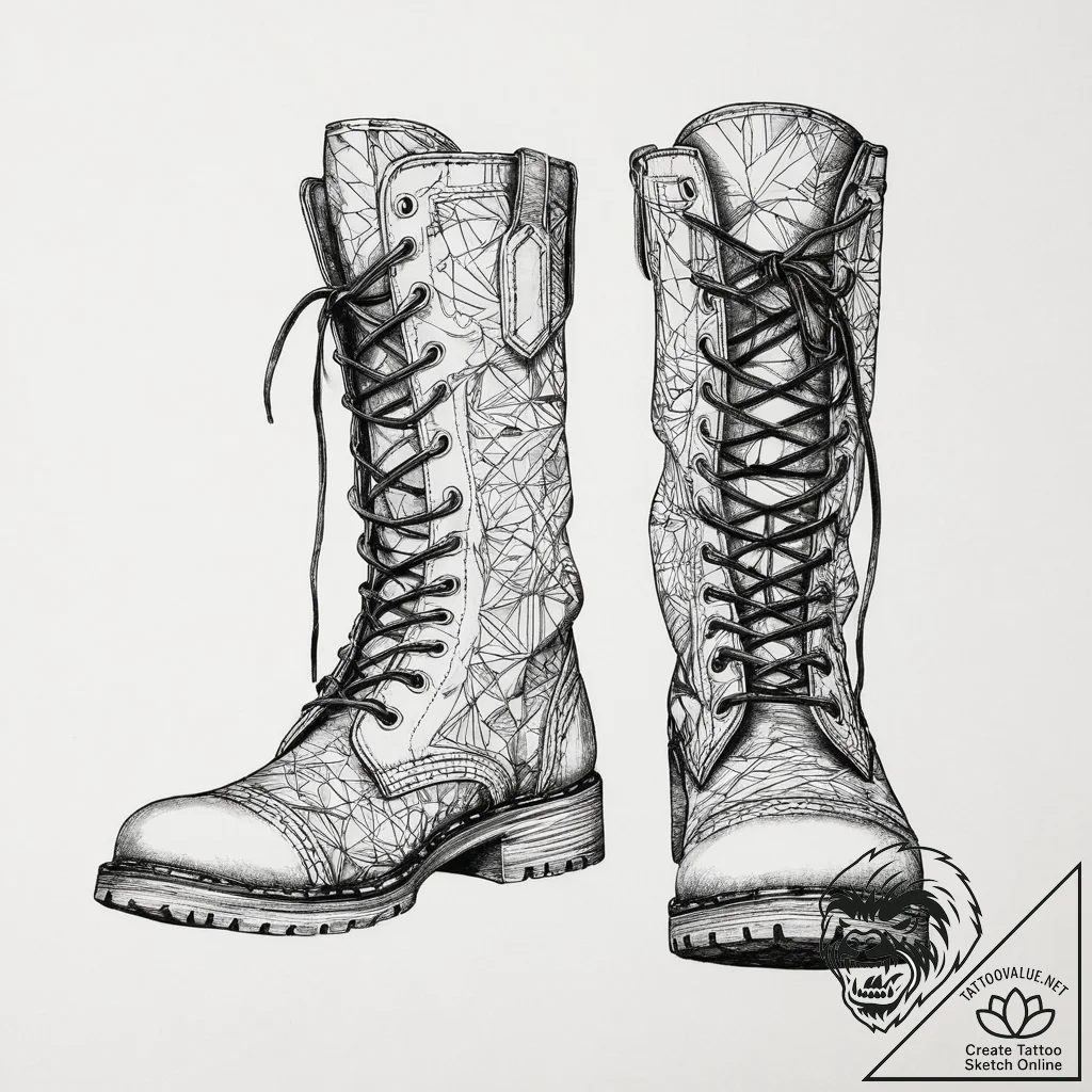 Tattoo design a pair of combat boots, scuffed... - tattoo sketch (№1754125112_0, 02.08.2025 08:58) — tattoovalue.net