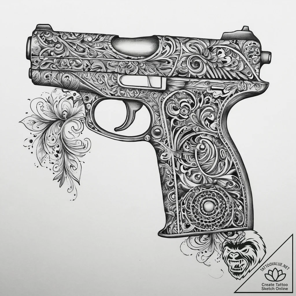 Pistol, tattoo sketch design, ornamental tatt... - tattoo sketch (№1754125507_0, 02.08.2025 09:05) — tattoovalue.net