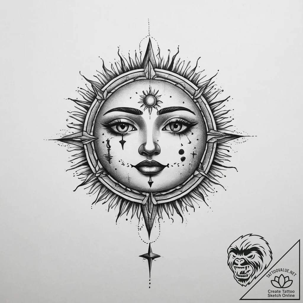 Sun and moon, ink illustration for tattoo, on... - tattoo sketch (№1754127495_0, 02.08.2025 09:38) — tattoovalue.net