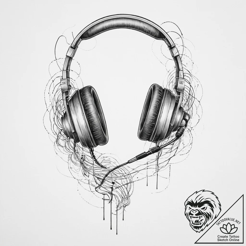 Tattoo sketch a headset microphone with sound... - tattoo sketch (№1754129474_0, 02.08.2025 10:11) — tattoovalue.net