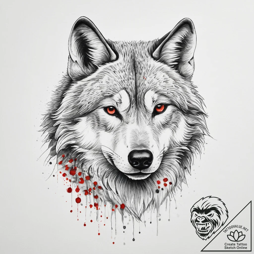 The intense, focused gaze of a wolf in a snow... - tattoo sketch (№1754131263_0, 02.08.2025 10:41) — tattoovalue.net