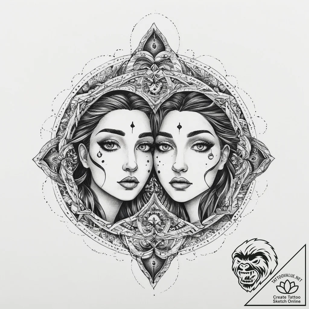 Tattoo sketch gemini faces dissolving into a... - tattoo sketch (№1754135440_0, 02.08.2025 11:50) — tattoovalue.net