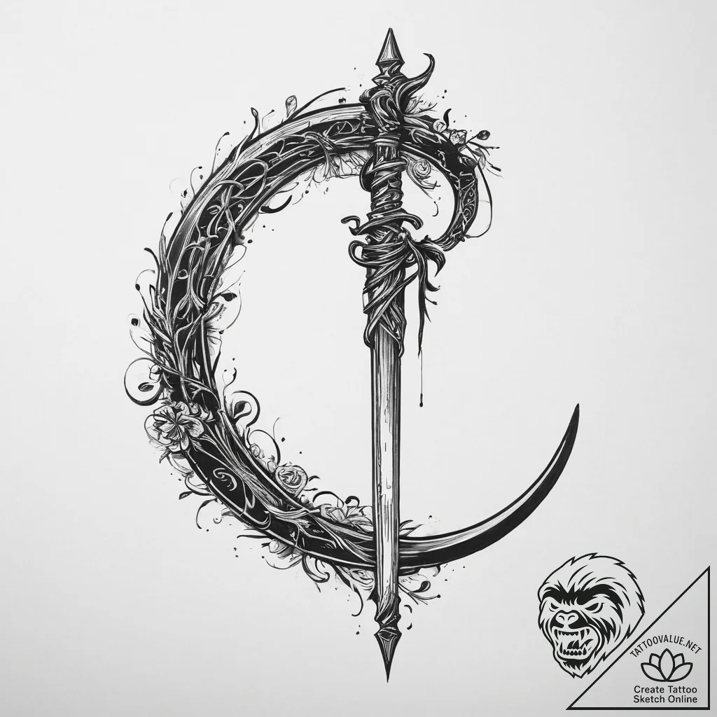 Reaper's scythe leaning against a wall, tatto... - tattoo sketch (№1754136445_0, 02.08.2025 12:07) — tattoovalue.net