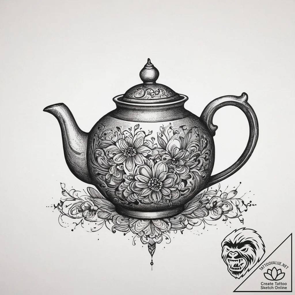 Teapot, concept art for tattoo, on a clean wh... - tattoo sketch (№1754136838_0, 02.08.2025 12:13) — tattoovalue.net