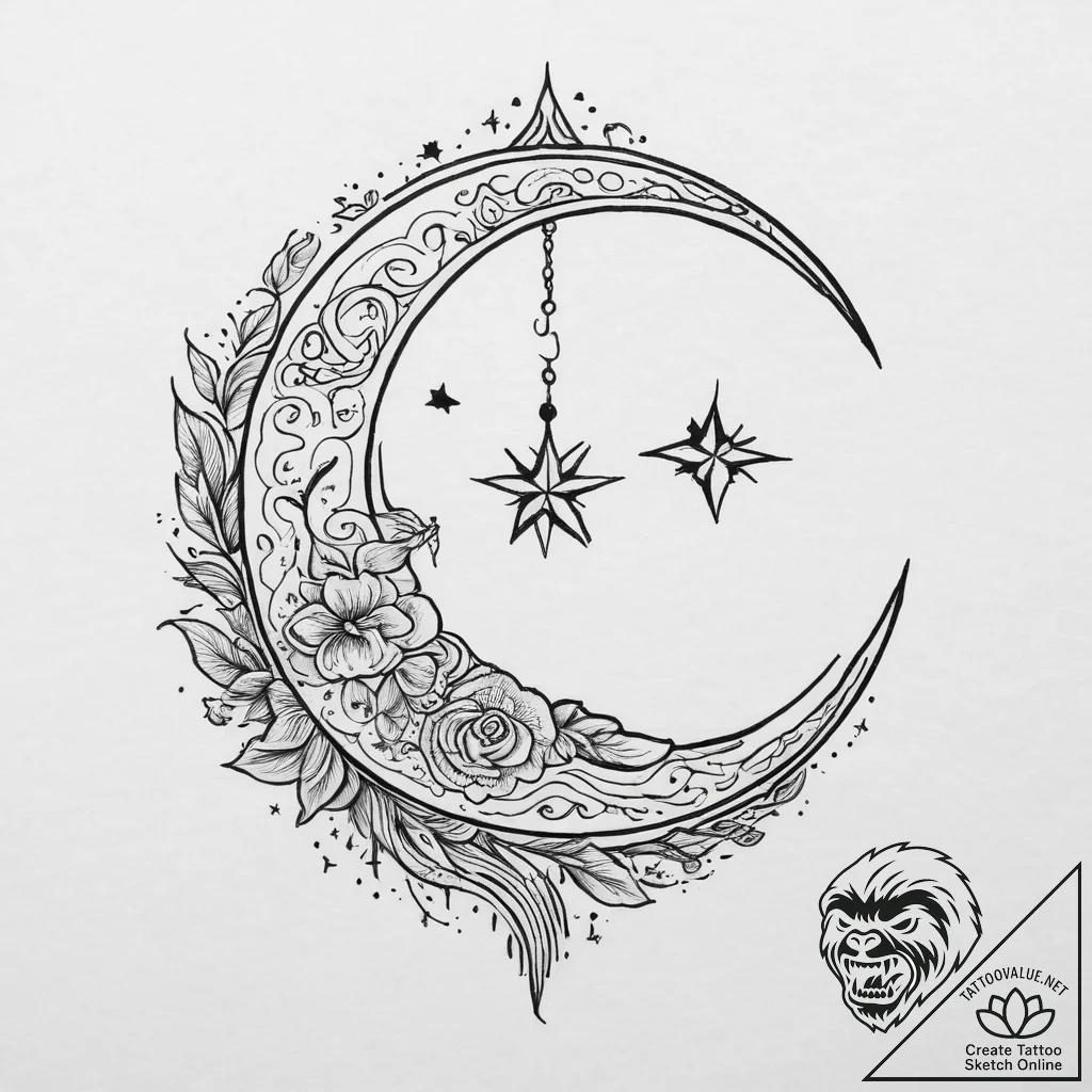 Tattoo sketch a crescent moon on one, a tiny... - tattoo sketch (№1754137430_0, 02.08.2025 12:23) — tattoovalue.net