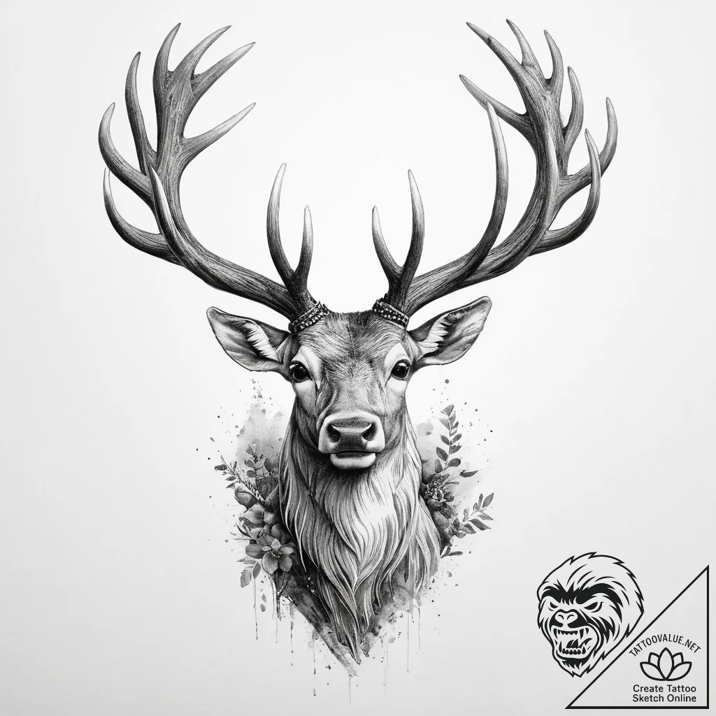 Tattoo design a majestic stag, antlers strong... - tattoo sketch (№1754137626_0, 02.08.2025 12:27) — tattoovalue.net