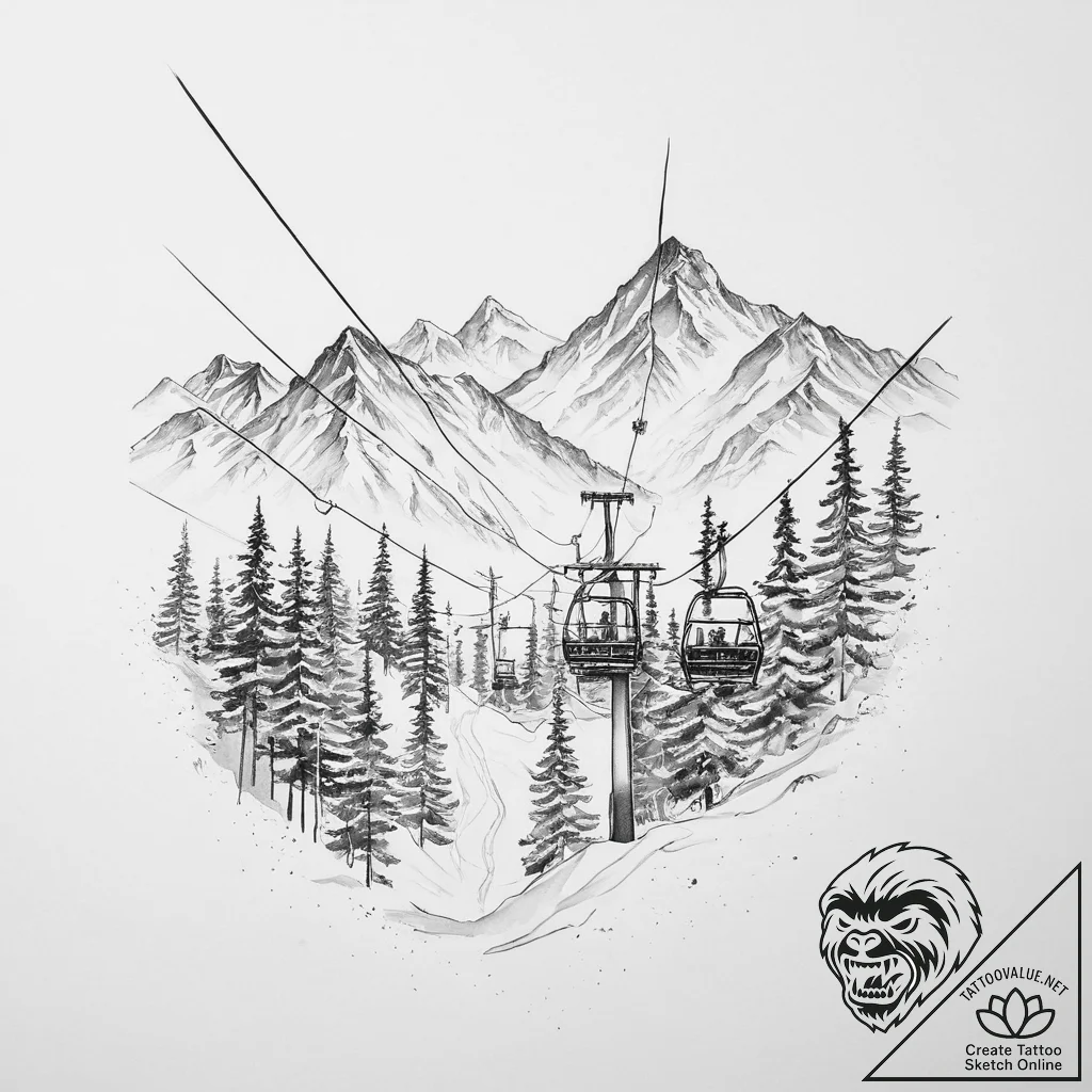 The view from a ski lift, looking down at ski... - tattoo sketch (№1754138018_0, 02.08.2025 12:33) — tattoovalue.net