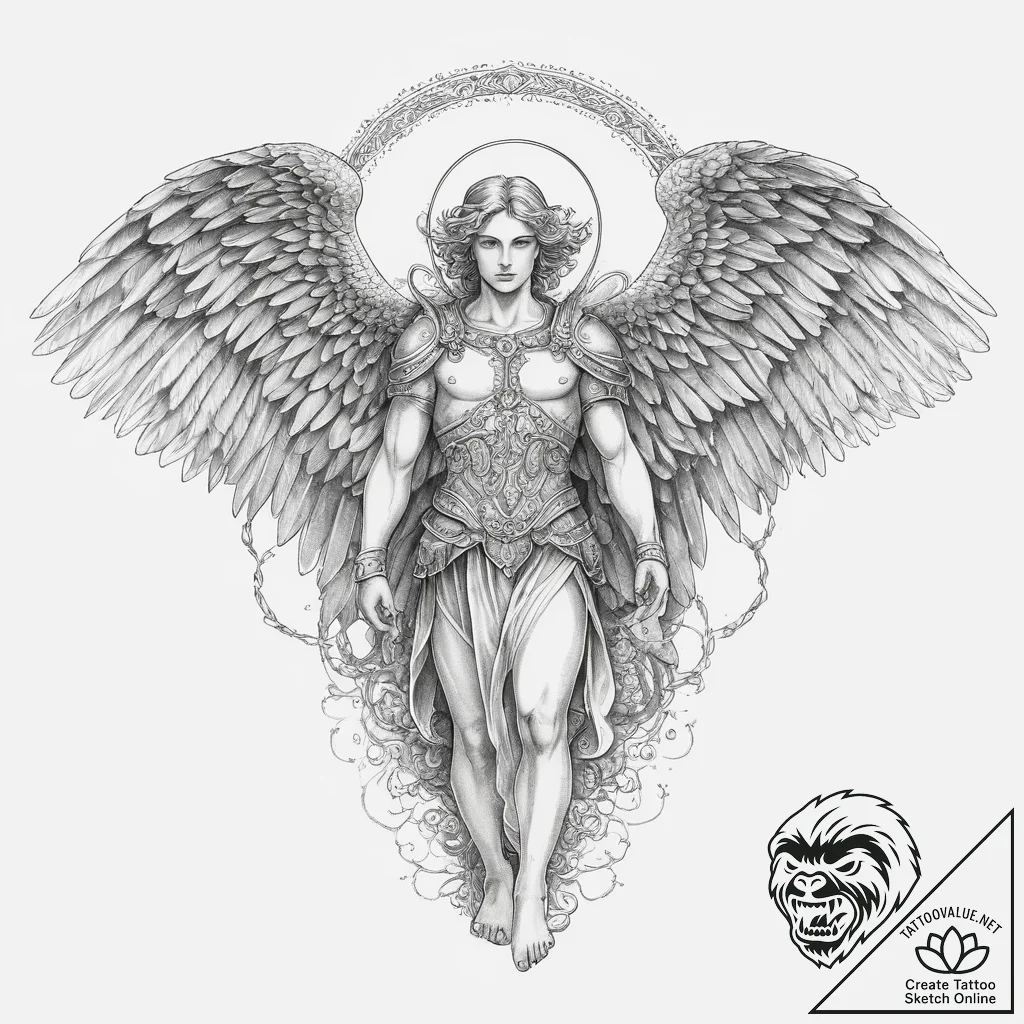 Archangel michael, tattoo line art, neo tradi... - tattoo sketch (№1754140760_0, 02.08.2025 13:19) — tattoovalue.net