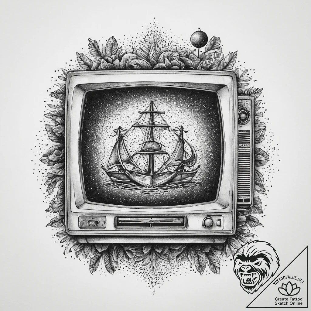 Tattoo sketch an old crt tv displaying a stat... - tattoo sketch (№1754143687_0, 02.08.2025 14:08) — tattoovalue.net