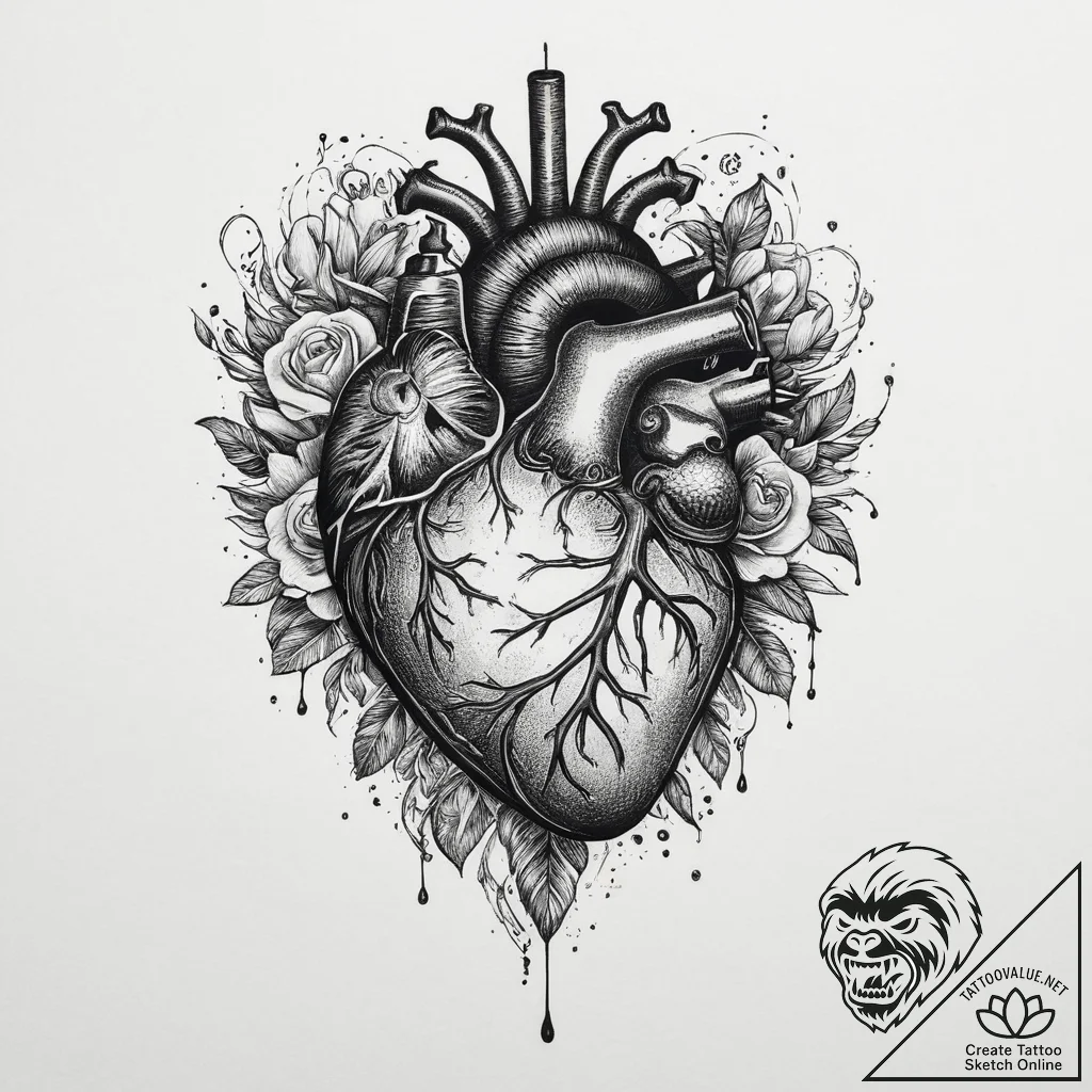 Tattoo design a human heart, anatomically cor... - tattoo sketch (№1754144472_0, 02.08.2025 14:21) — tattoovalue.net