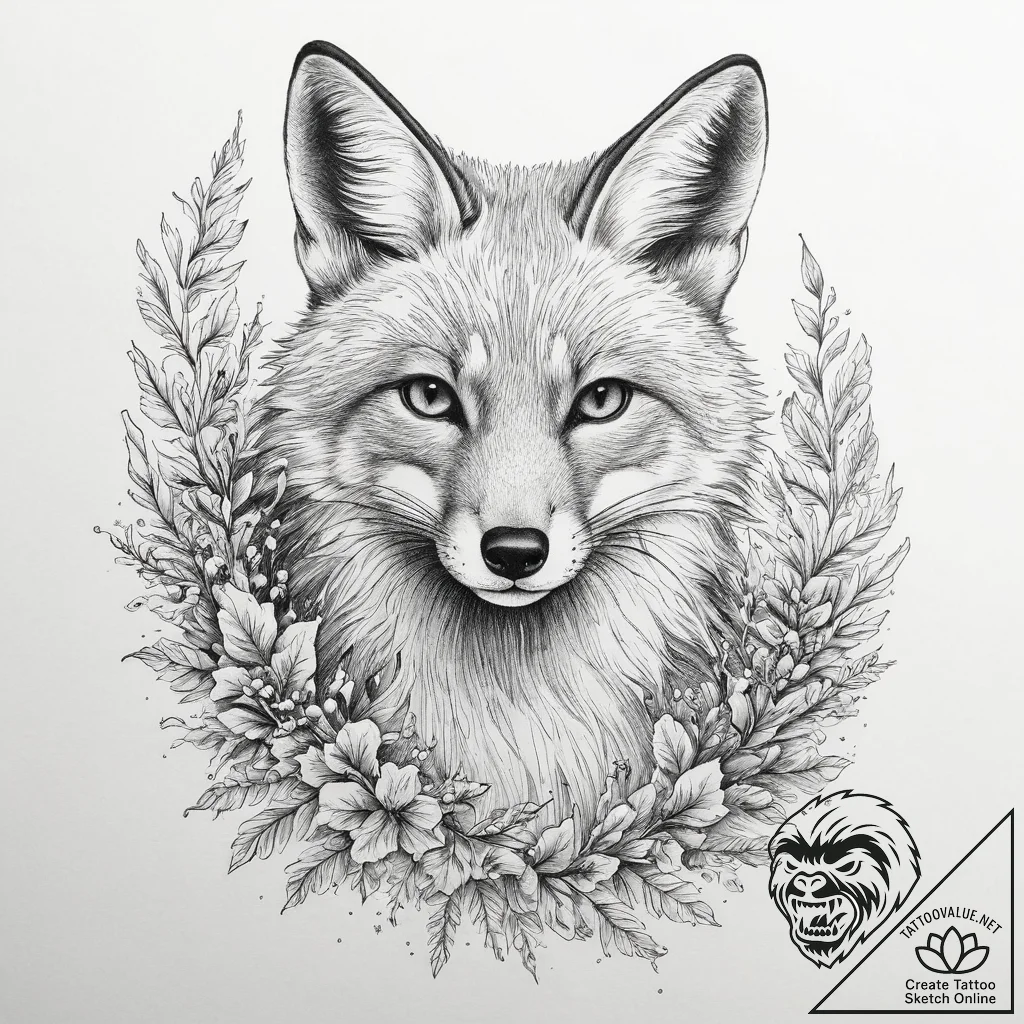 A red fox cautiously peeking out from behind... - tattoo sketch (№1754149575_0, 02.08.2025 15:46) — tattoovalue.net