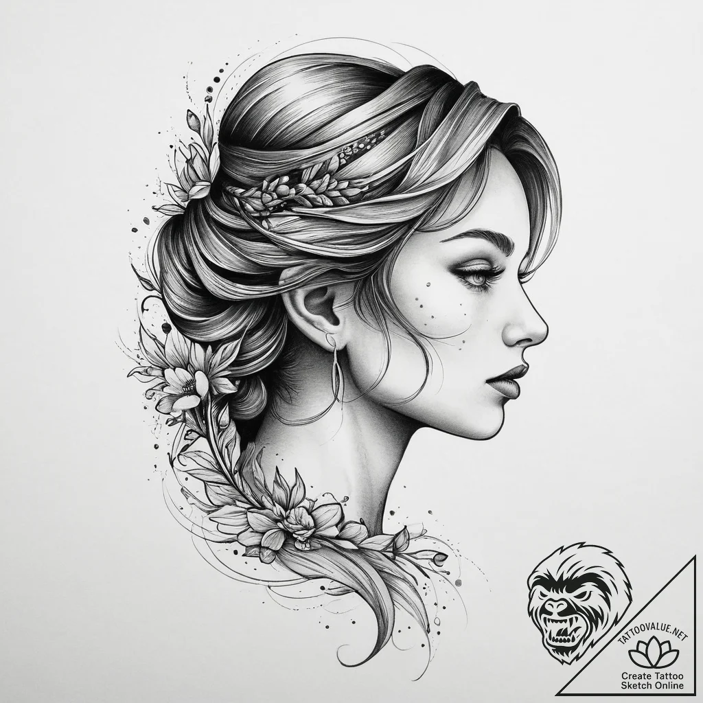 Tattoo design a virgo maiden's profile, outli... - tattoo sketch (№1754150750_0, 02.08.2025 16:05) — tattoovalue.net