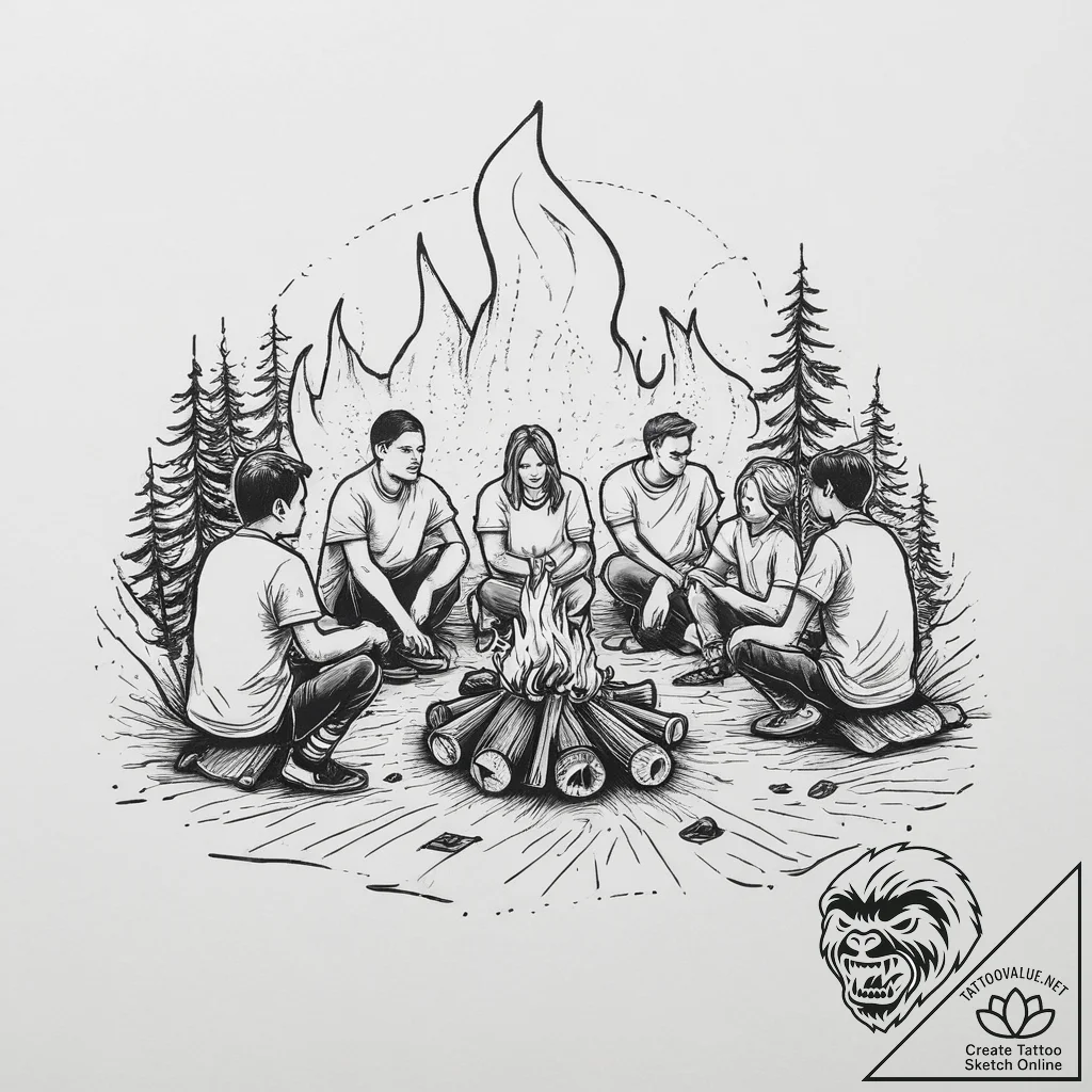 A group of people around a campfire, telling... - tattoo sketch (№1754150949_0, 02.08.2025 16:09) — tattoovalue.net