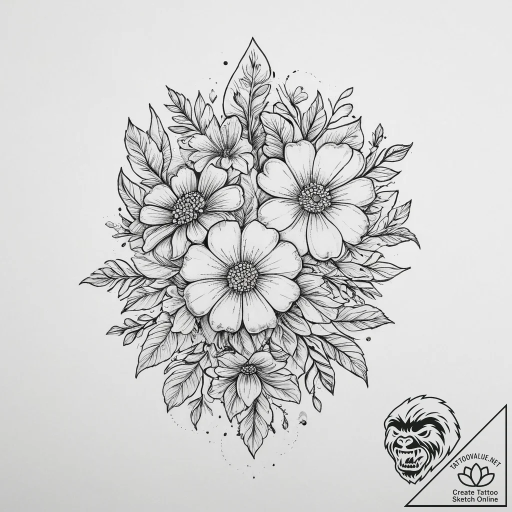 Tattoo sketch a delicate bouquet where each f... - tattoo sketch (№1754154883_0, 02.08.2025 17:14) — tattoovalue.net