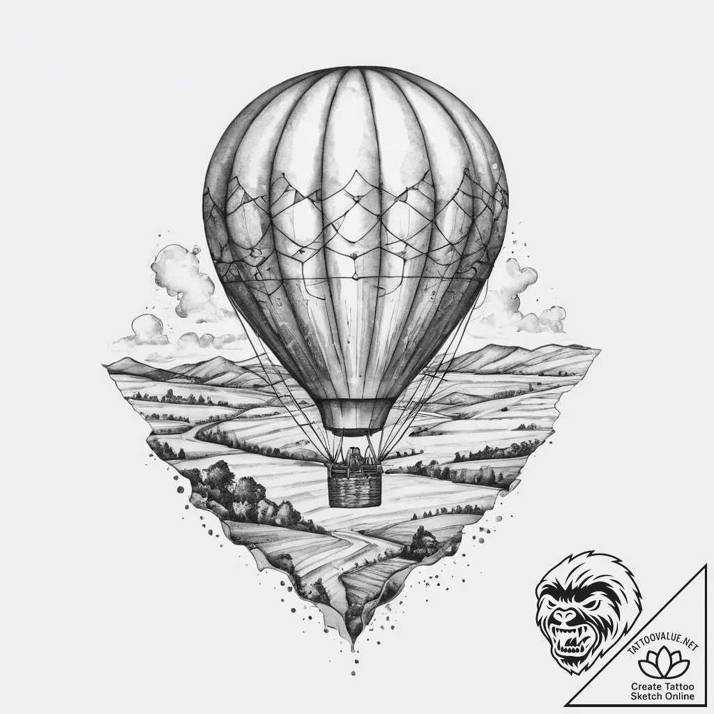 A view from a hot air balloon, looking down o... - tattoo sketch (№1754220707_0, 03.08.2025 11:31) — tattoovalue.net