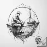A person repairing a fishing net on a dock.,… – tattoo sketch (№1754222312_0, 03.08.2025 11:58) — tattoovalue.net