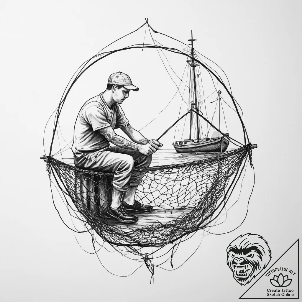 A person repairing a fishing net on a dock.,... - tattoo sketch (№1754222312_0, 03.08.2025 11:58) — tattoovalue.net