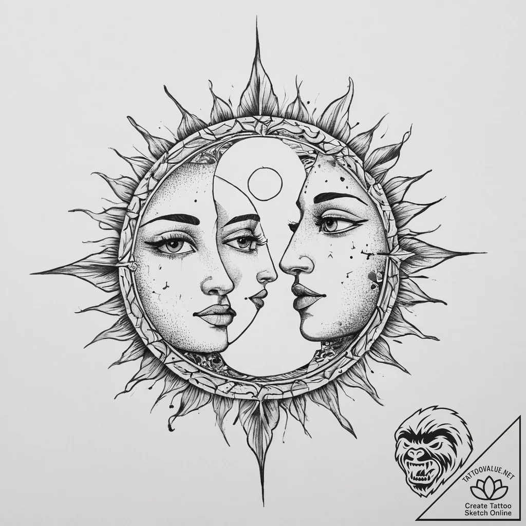 Tattoo sketch a minimalist sun and moon, half... - tattoo sketch (№1754223308_0, 03.08.2025 12:15) — tattoovalue.net