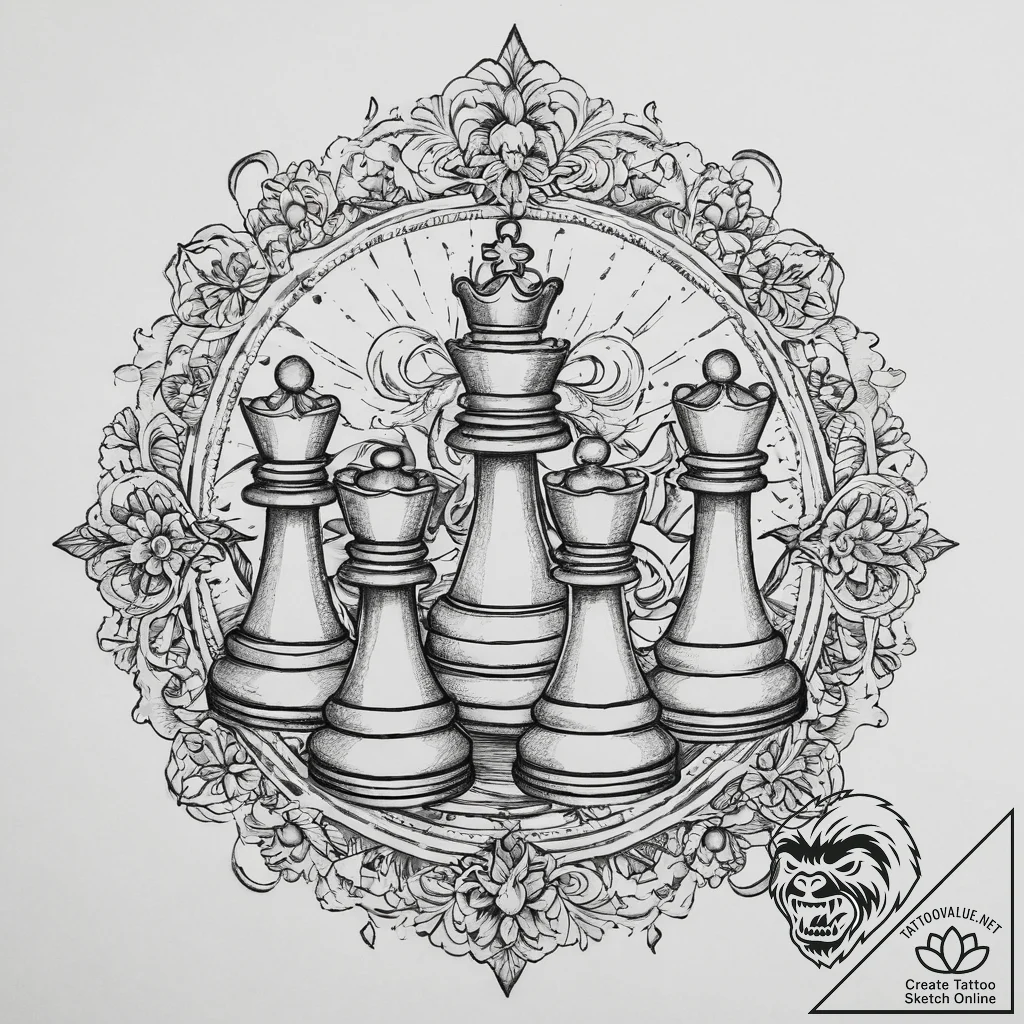 Chess, tattoo line art, bold outlines, thick... - tattoo sketch (№1754227381_0, 03.08.2025 13:23) — tattoovalue.net