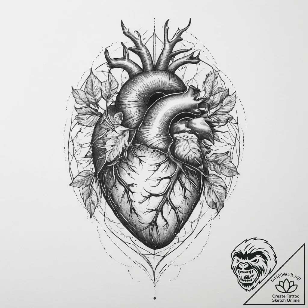 Anatomical heart as a cage with a bird inside - tattoo sketch (№1754228186_0, 03.08.2025 13:36) — tattoovalue.net