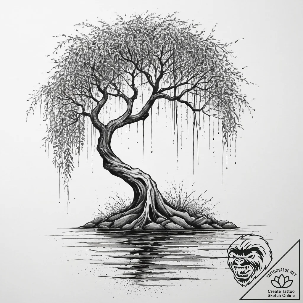 Tattoo sketch an abstract weeping willow tree... - tattoo sketch (№1754228582_0, 03.08.2025 13:43) — tattoovalue.net