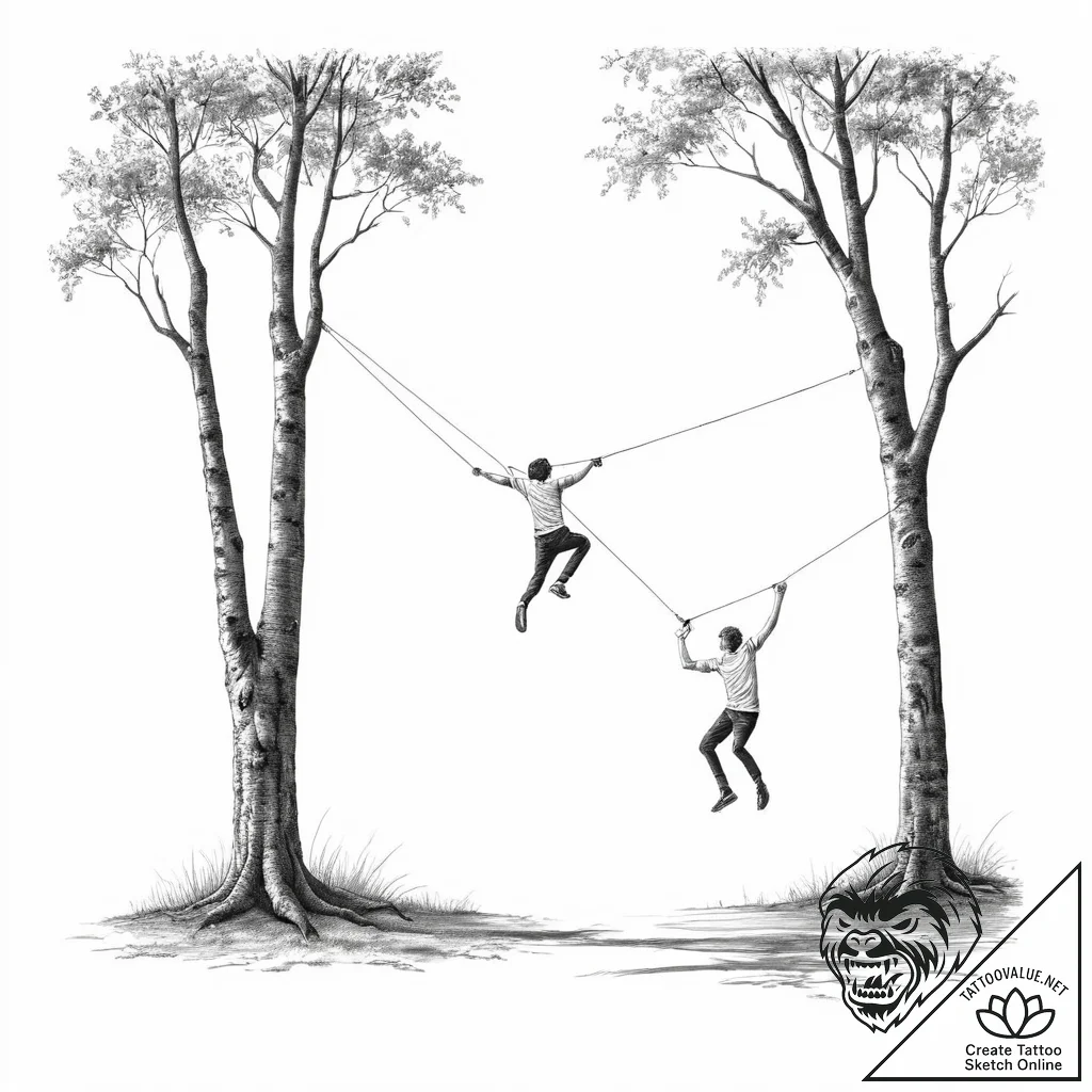 A shot of a person slacklining between two tr... - tattoo sketch (№1754229606_0, 03.08.2025 14:00) — tattoovalue.net