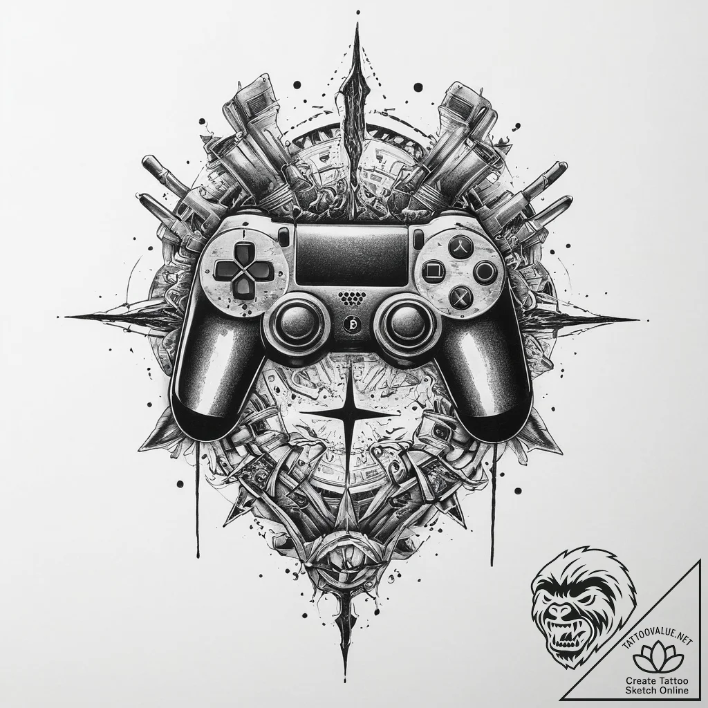 Tattoo design a stylized "game lobby" icon wi... - tattoo sketch (№1754230018_0, 03.08.2025 14:06) — tattoovalue.net