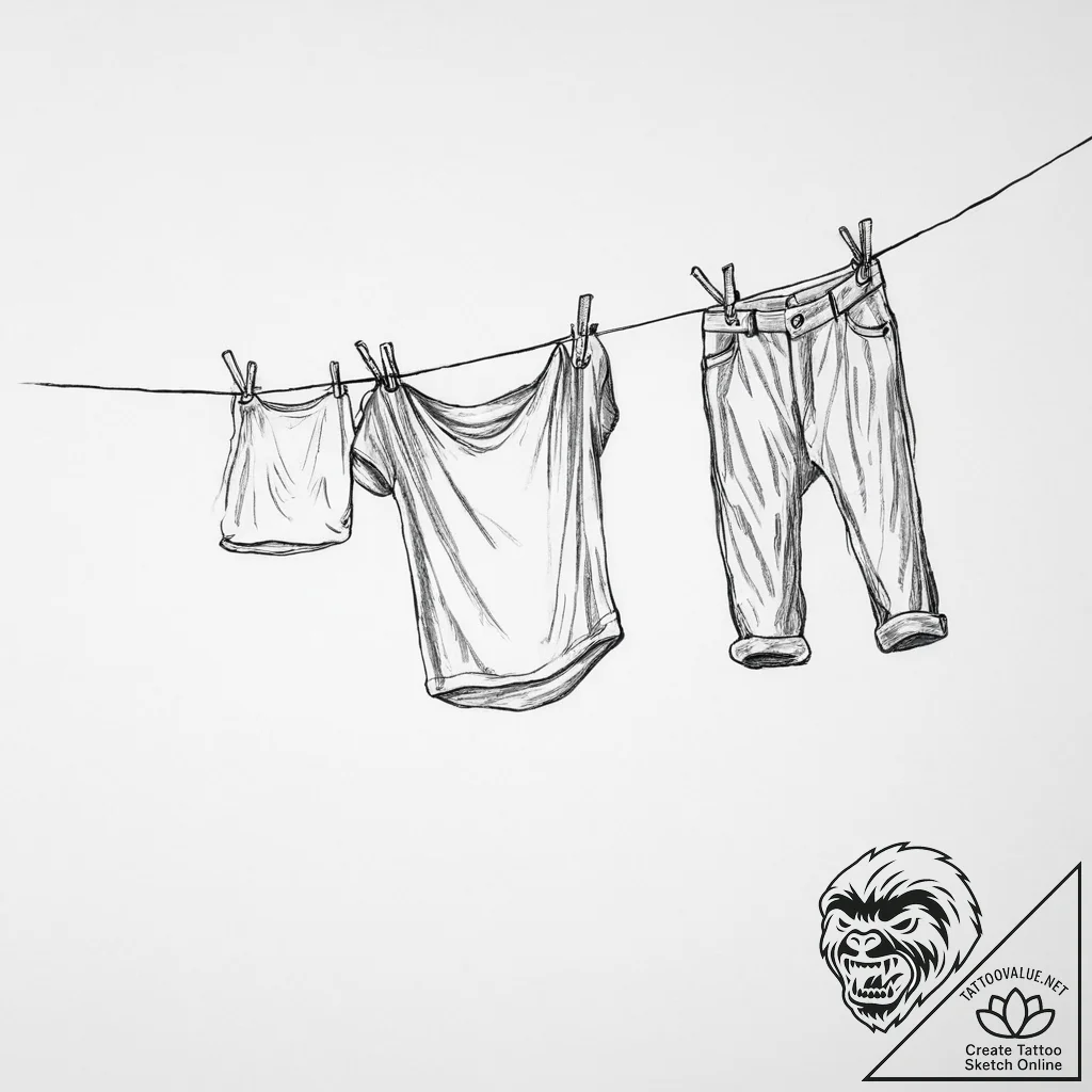 A person hanging laundry on a clothesline on... - tattoo sketch (№1754231233_0, 03.08.2025 14:27) — tattoovalue.net