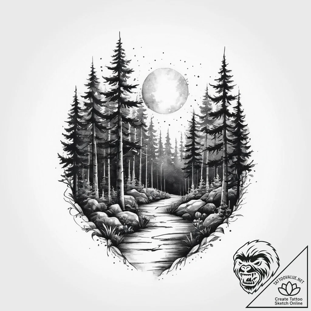 Tattoo design a tranquil forest path leading... - tattoo sketch (№1754233669_0, 03.08.2025 15:07) — tattoovalue.net