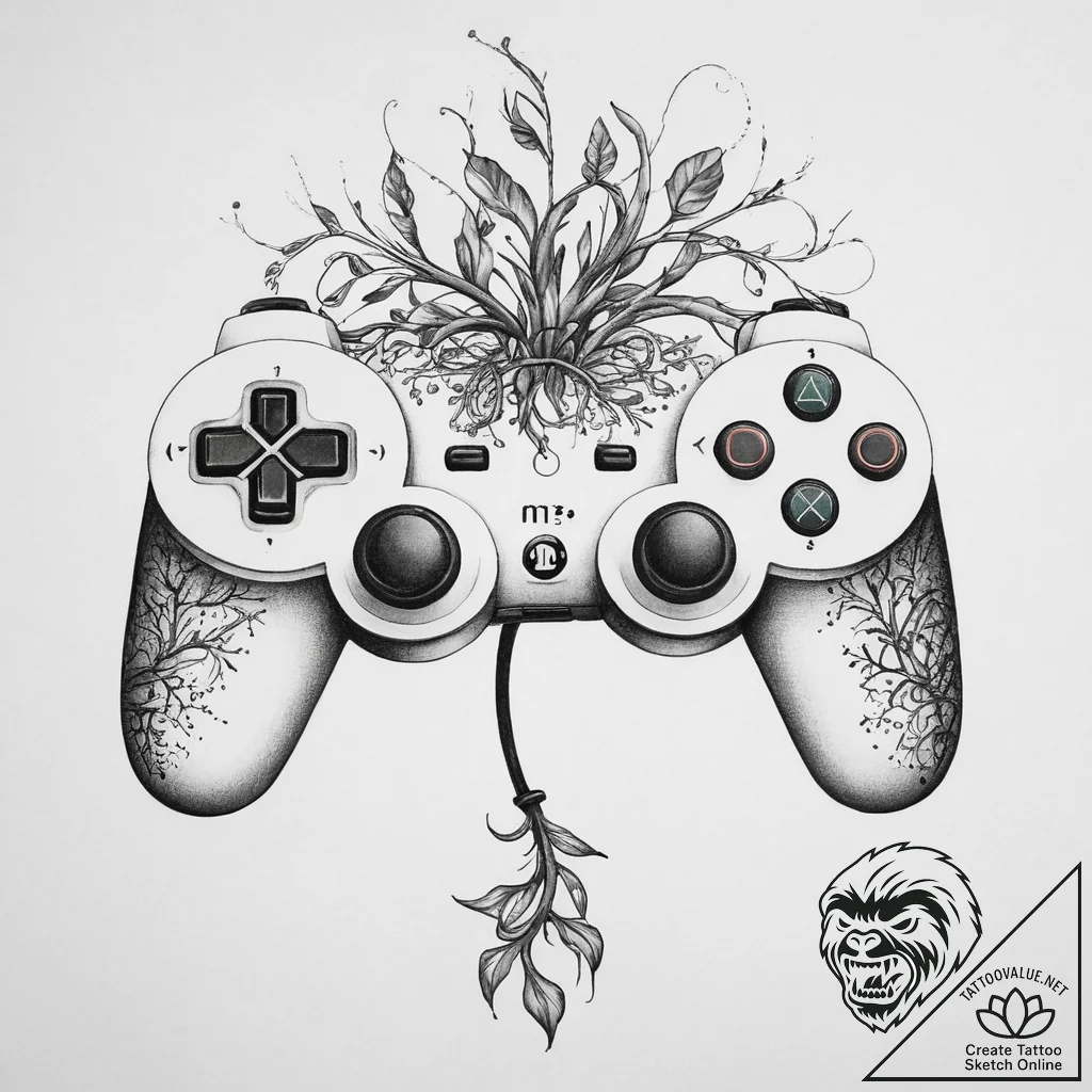Tattoo design a controller with roots growing... - tattoo sketch (№1754234526_0, 03.08.2025 15:22) — tattoovalue.net