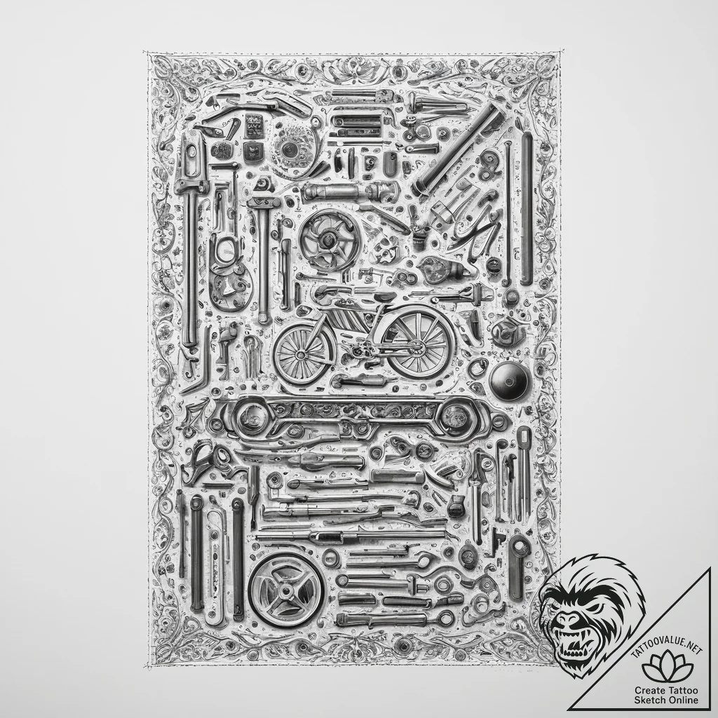 A mechanic's garage, with tools neatly organi... - tattoo sketch (№1754236771_0, 03.08.2025 15:59) — tattoovalue.net