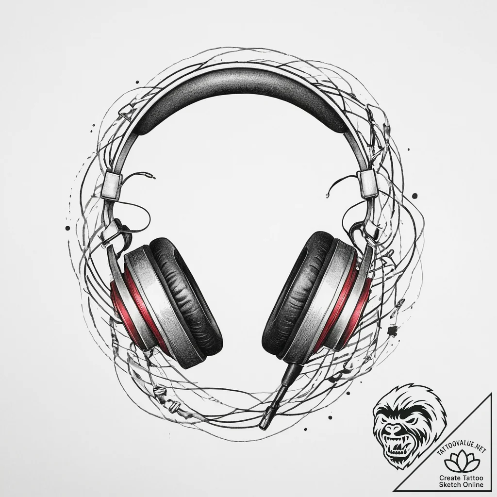 Tattoo design a gaming headset with wires sub... - tattoo sketch (№1754240454_0, 03.08.2025 17:00) — tattoovalue.net