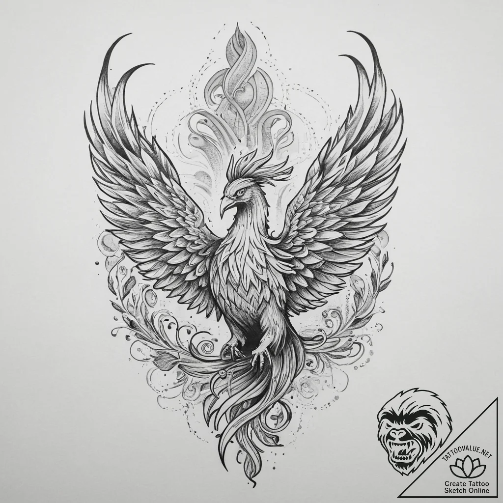 Tattoo sketch a phoenix rising majestically f... - tattoo sketch (№1754241074_0, 03.08.2025 17:11) — tattoovalue.net