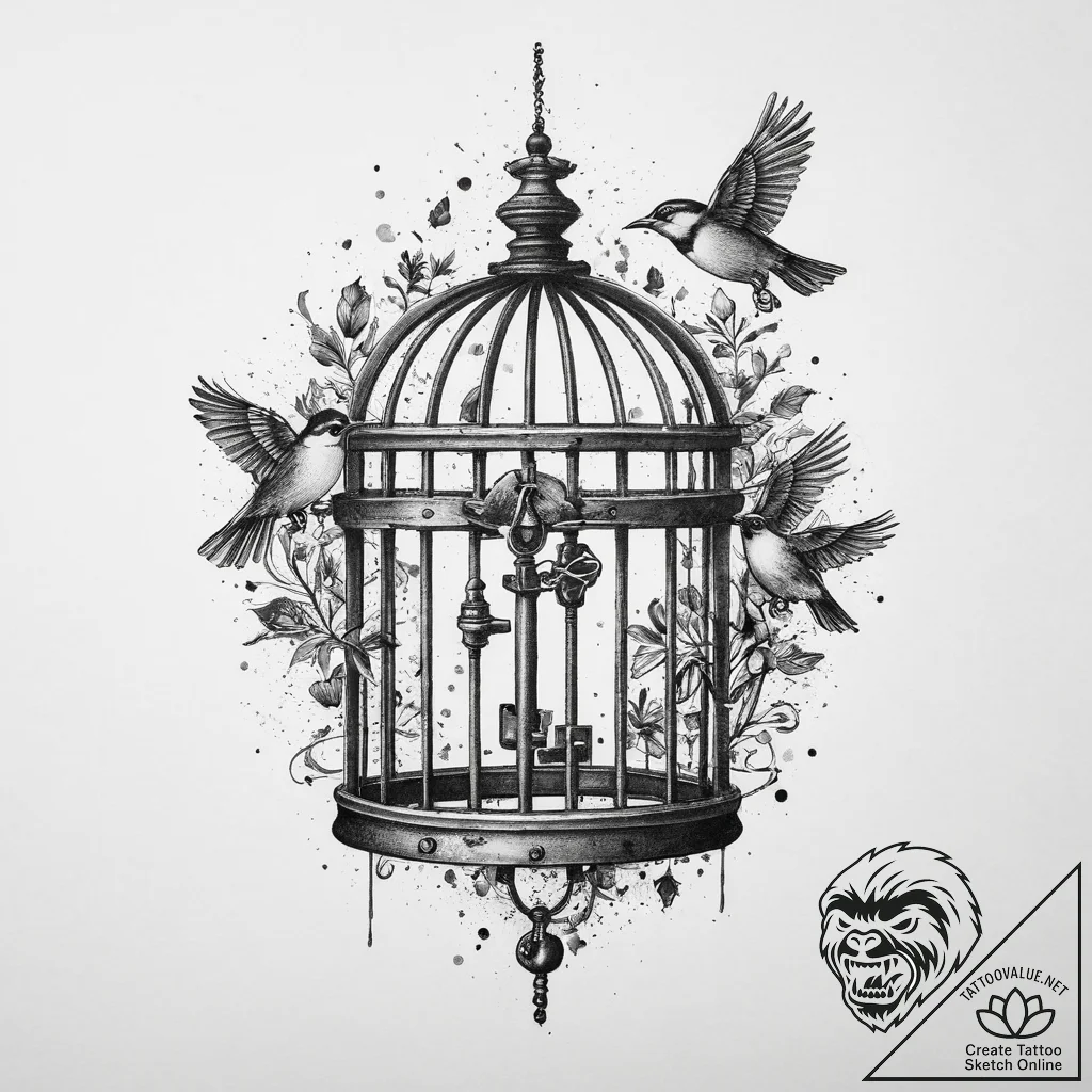 Tattoo sketch a key unlocking a birdcage, wit... - tattoo sketch (№1754244145_0, 03.08.2025 18:02) — tattoovalue.net