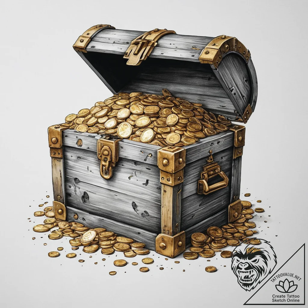 Tattoo design a treasure chest overflowing wi... - tattoo sketch (№1754249050_0, 03.08.2025 19:24) — tattoovalue.net