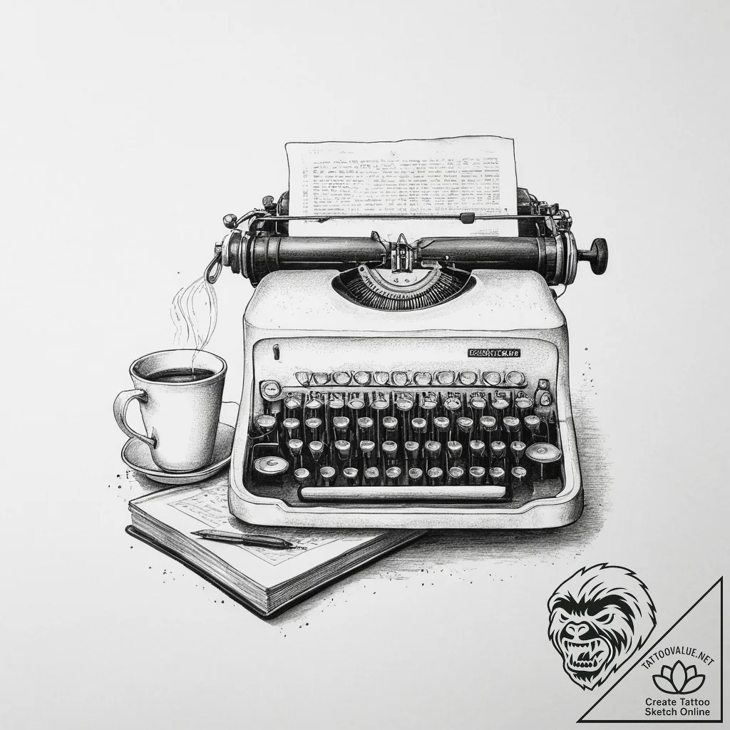 A cozy, messy writer's desk with a vintage ty... - tattoo sketch (№1754251702_0, 03.08.2025 20:08) — tattoovalue.net