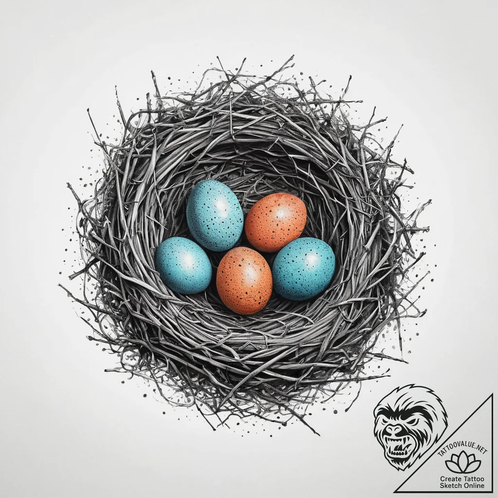 A bird's nest with small, speckled eggs., art... - tattoo sketch (№1754252923_0, 03.08.2025 20:28) — tattoovalue.net
