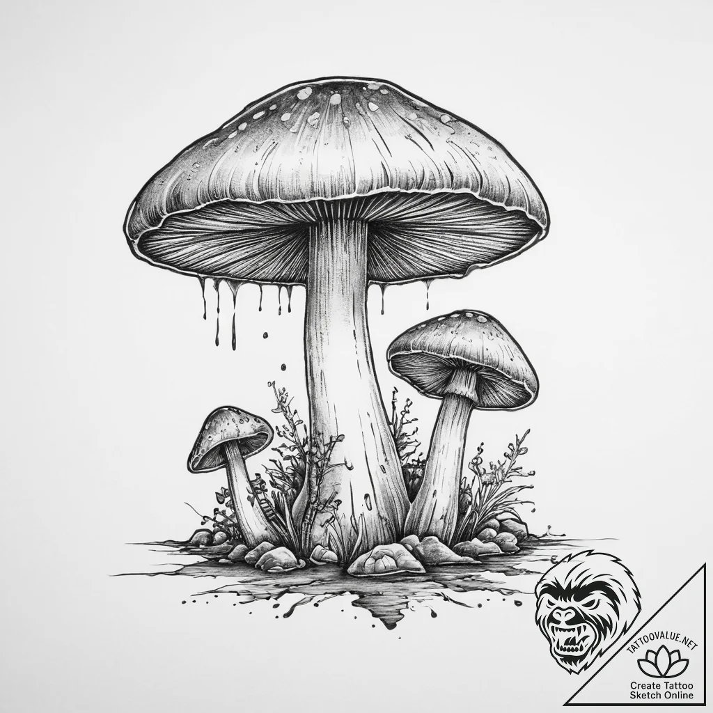 Tattoo design a single, powerful mushroom pus... - tattoo sketch (№1754253330_0, 03.08.2025 20:35) — tattoovalue.net