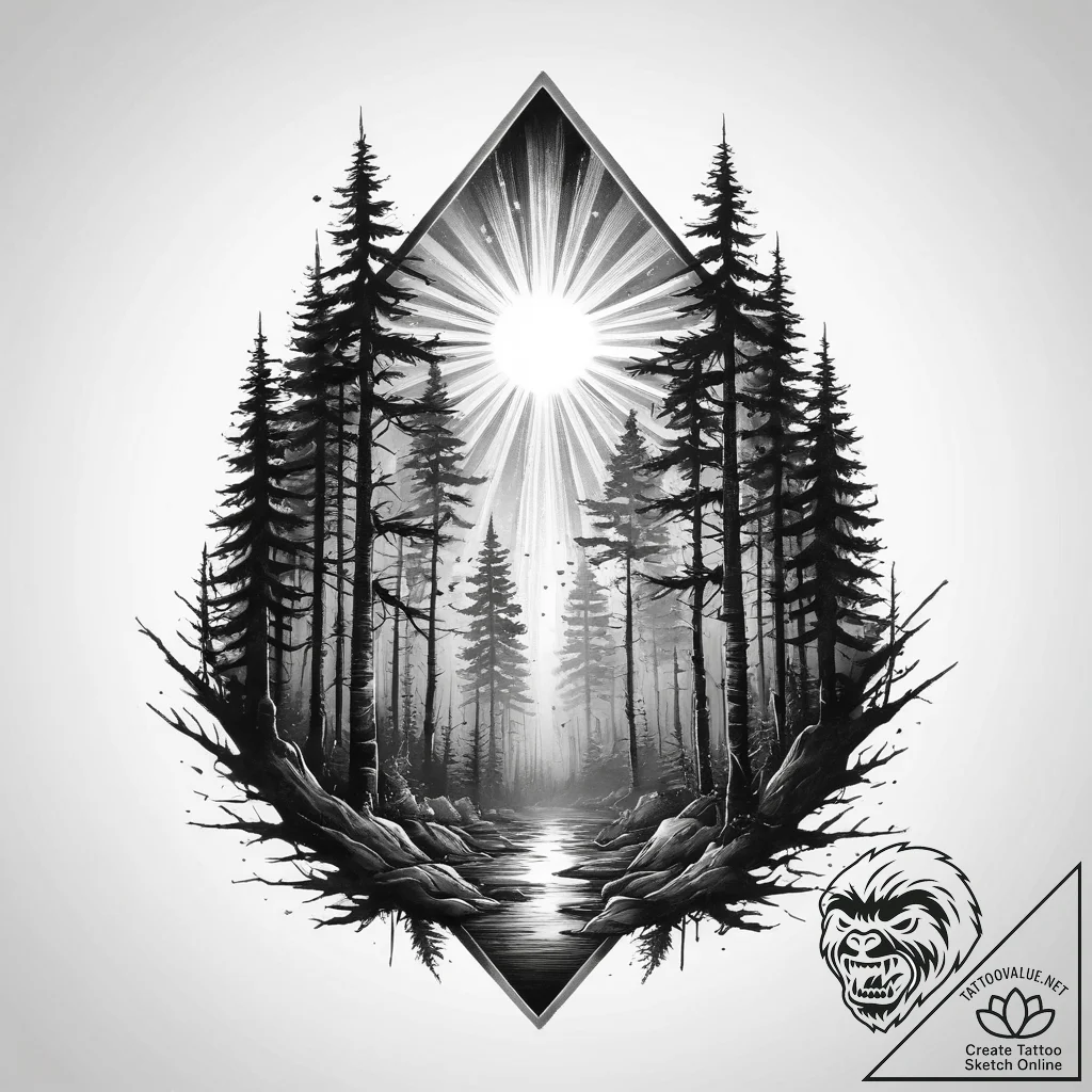 A dark, moody forest with rays of light break... - tattoo sketch (№1754254974_0, 03.08.2025 21:02) — tattoovalue.net