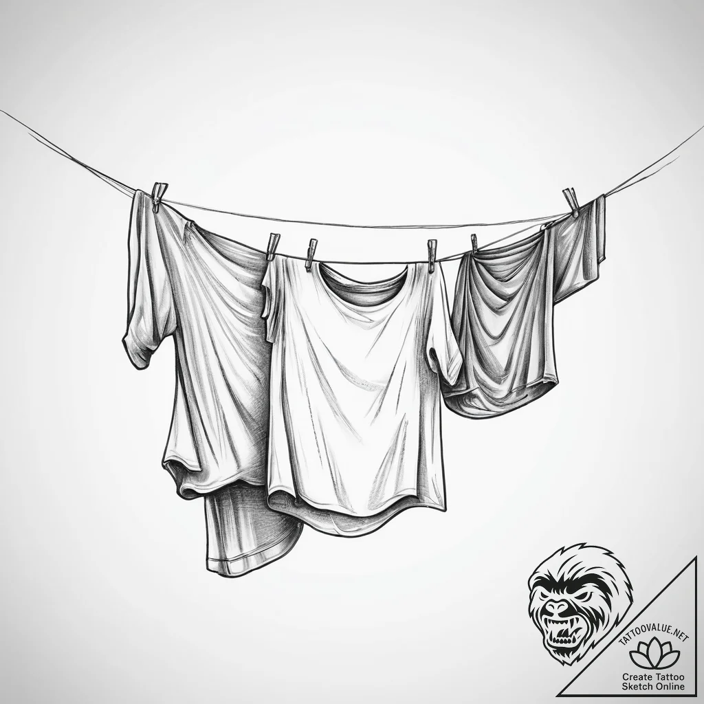 A person hanging laundry on a clothesline on... - tattoo sketch (№1754255788_0, 03.08.2025 21:16) — tattoovalue.net