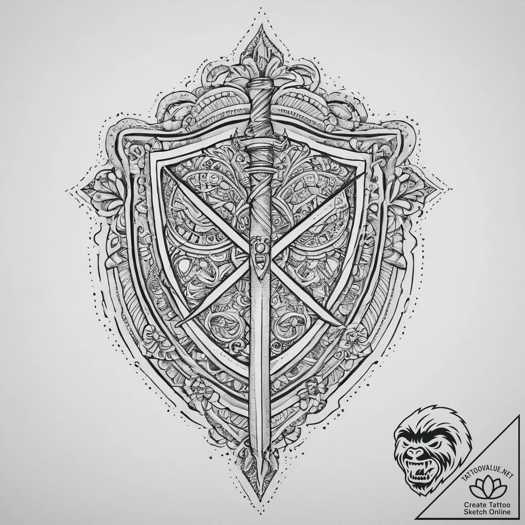Tattoo design a shield with two crossing swor... - tattoo sketch (№1754256194_0, 03.08.2025 21:23) — tattoovalue.net