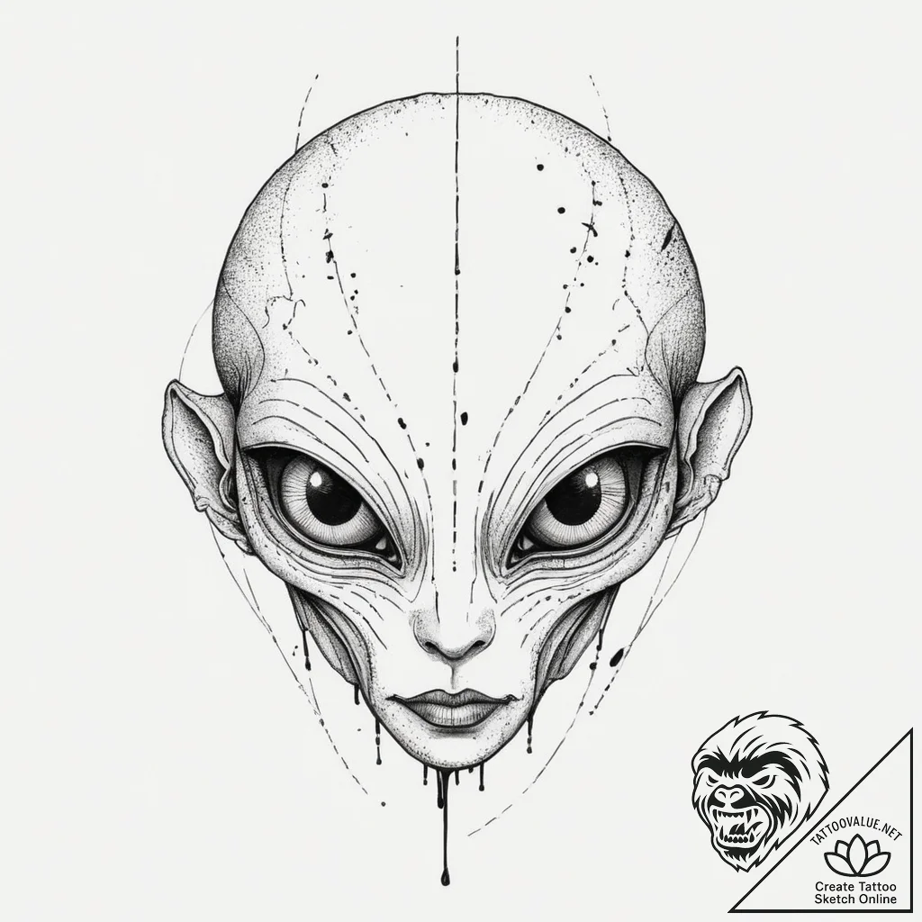 Tattoo sketch a stylized alien's head with la... - tattoo sketch (№1754256794_0, 03.08.2025 21:33) — tattoovalue.net