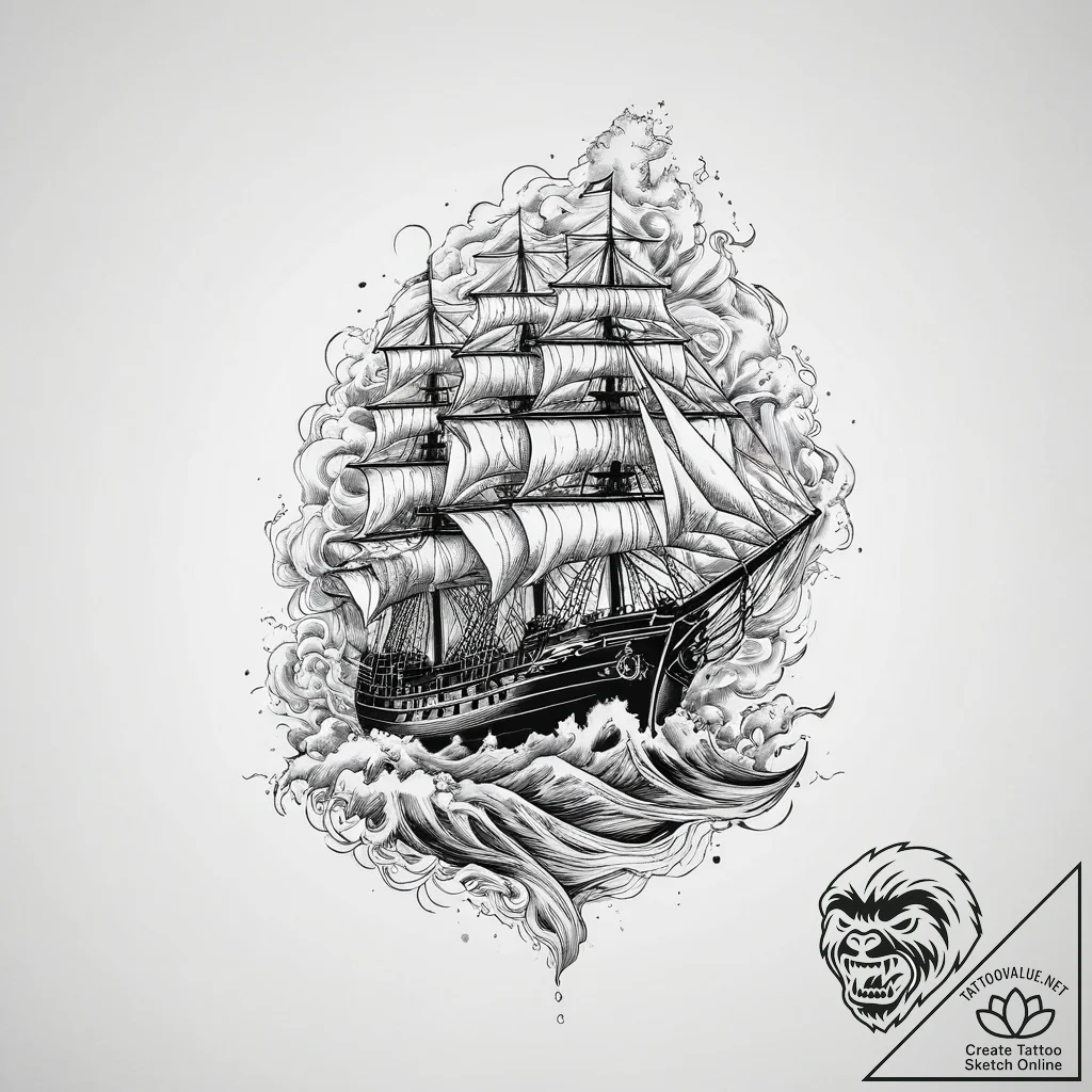 Tattoo sketch a ship sailing into a powerful... - tattoo sketch (№1754259606_0, 03.08.2025 22:20) — tattoovalue.net